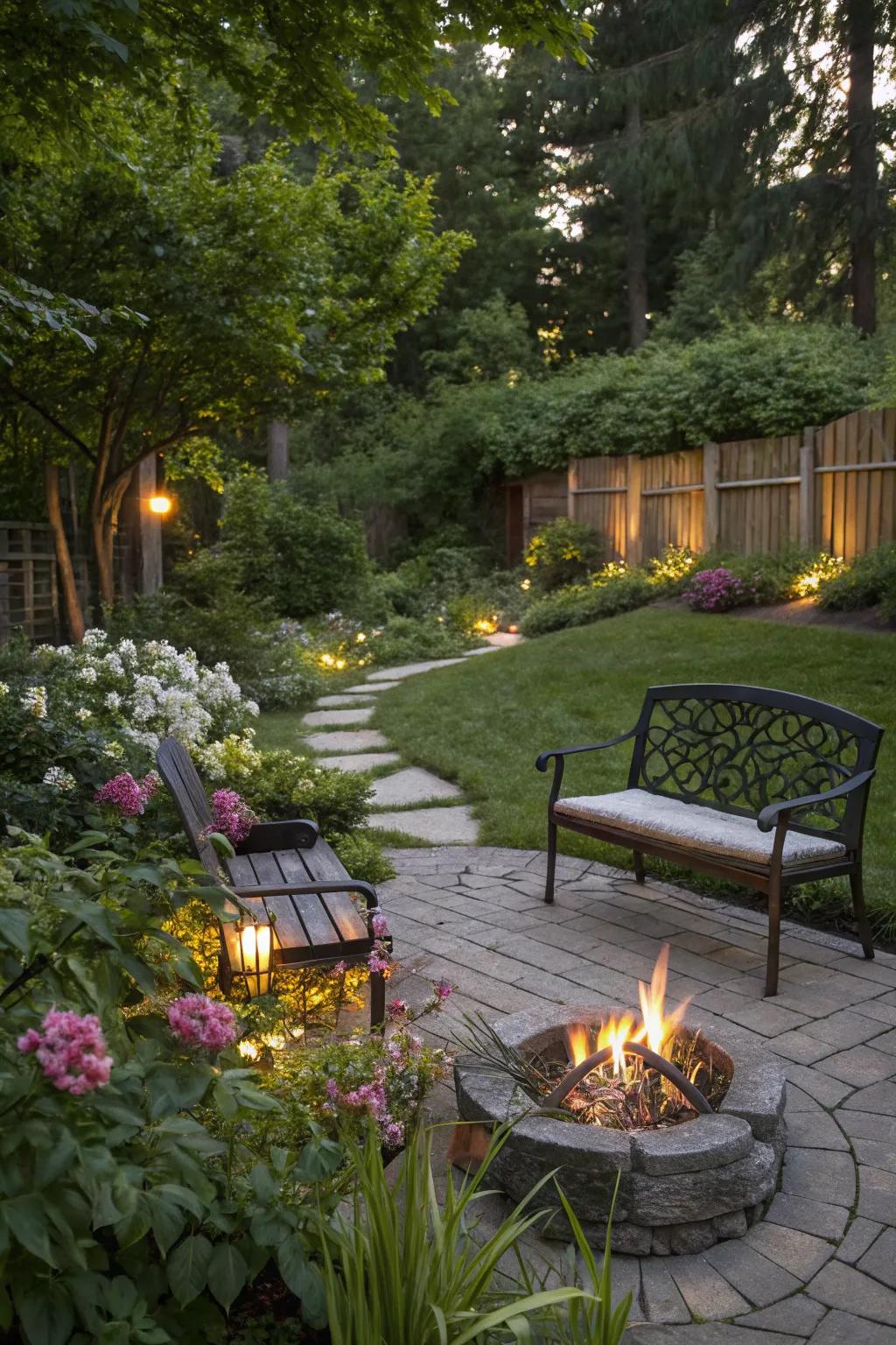 A fire pit provides warmth and ambiance to your garden bench area.