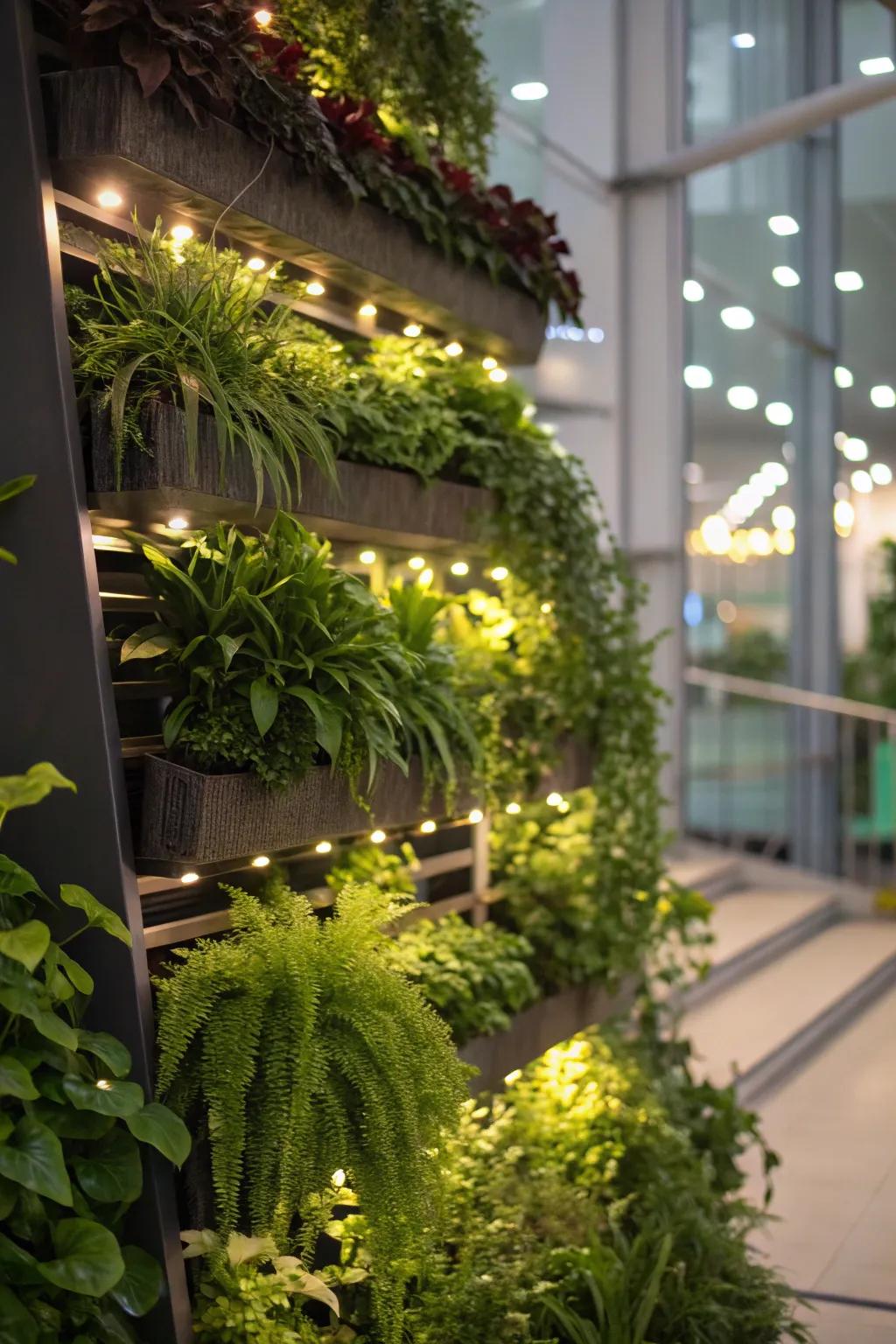 Lighting highlights the lush beauty of vertical gardens.