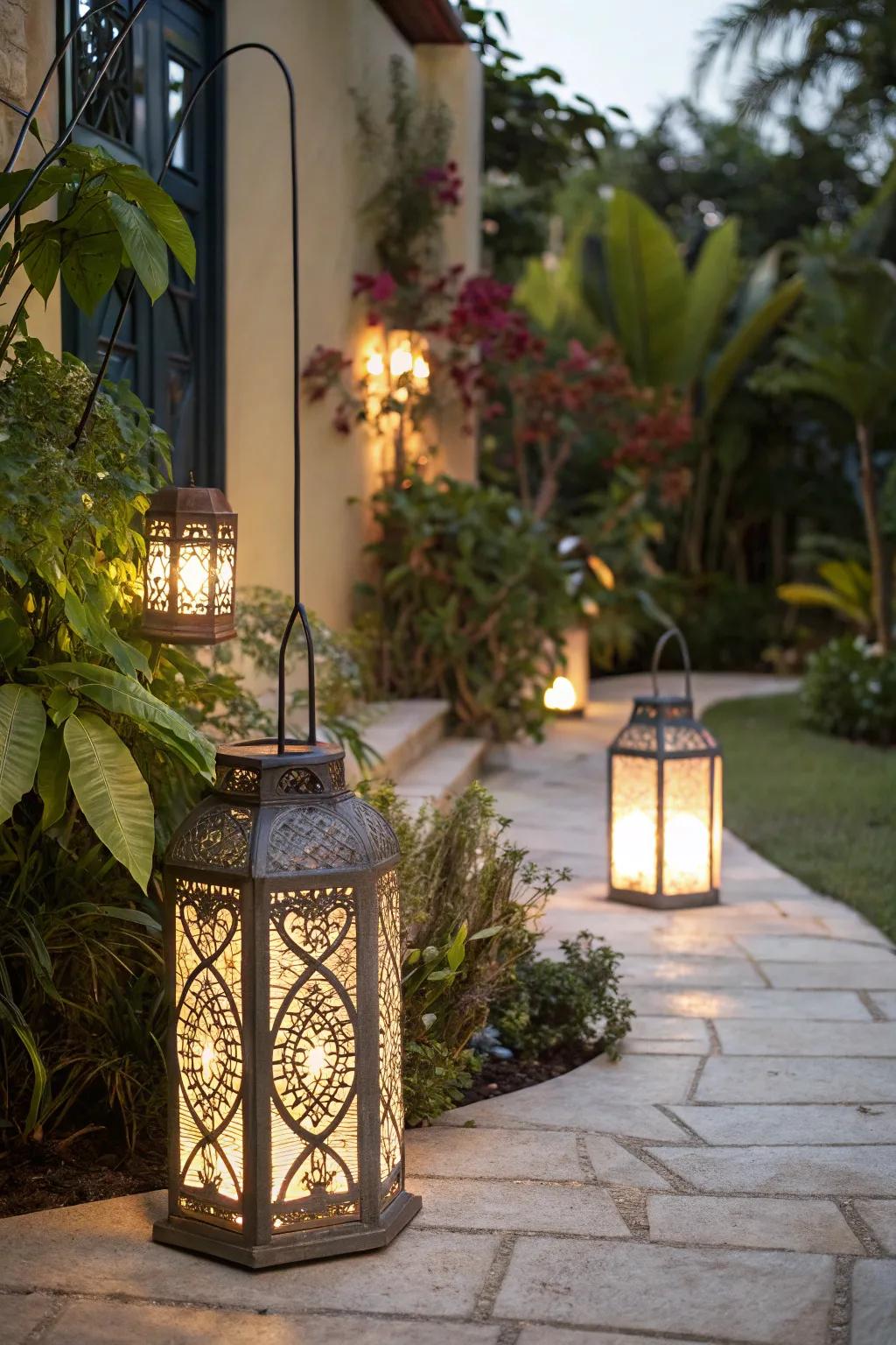 Decorative lanterns add warmth and charm to her outdoor spaces.