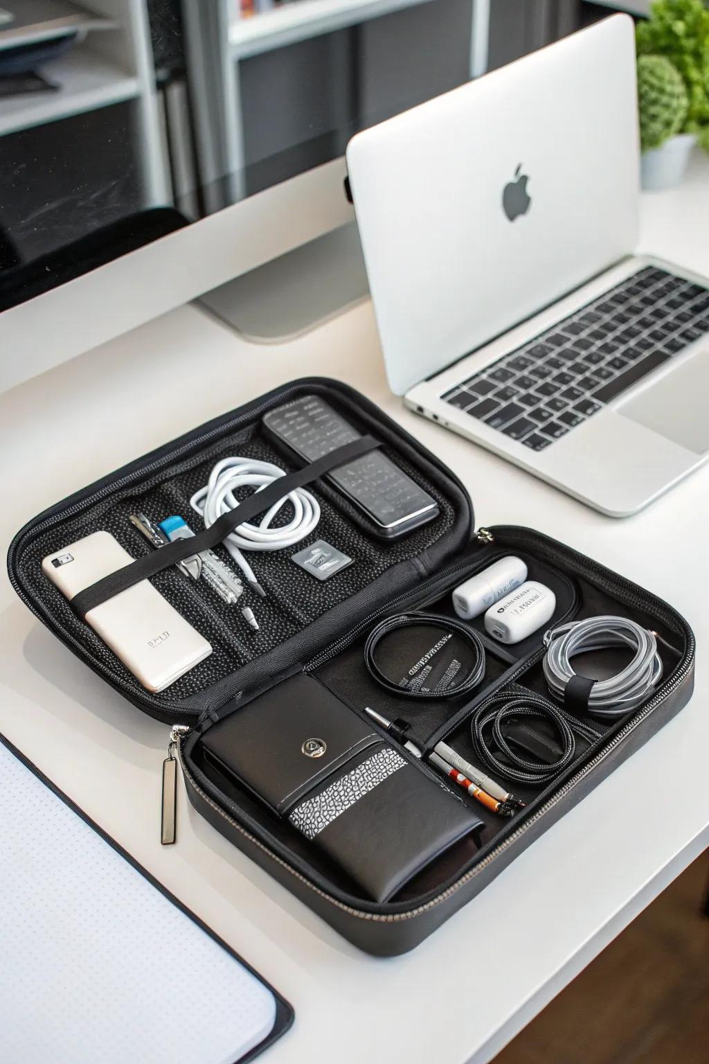 A tech organizer case keeps all his gadgets tidy and accessible.