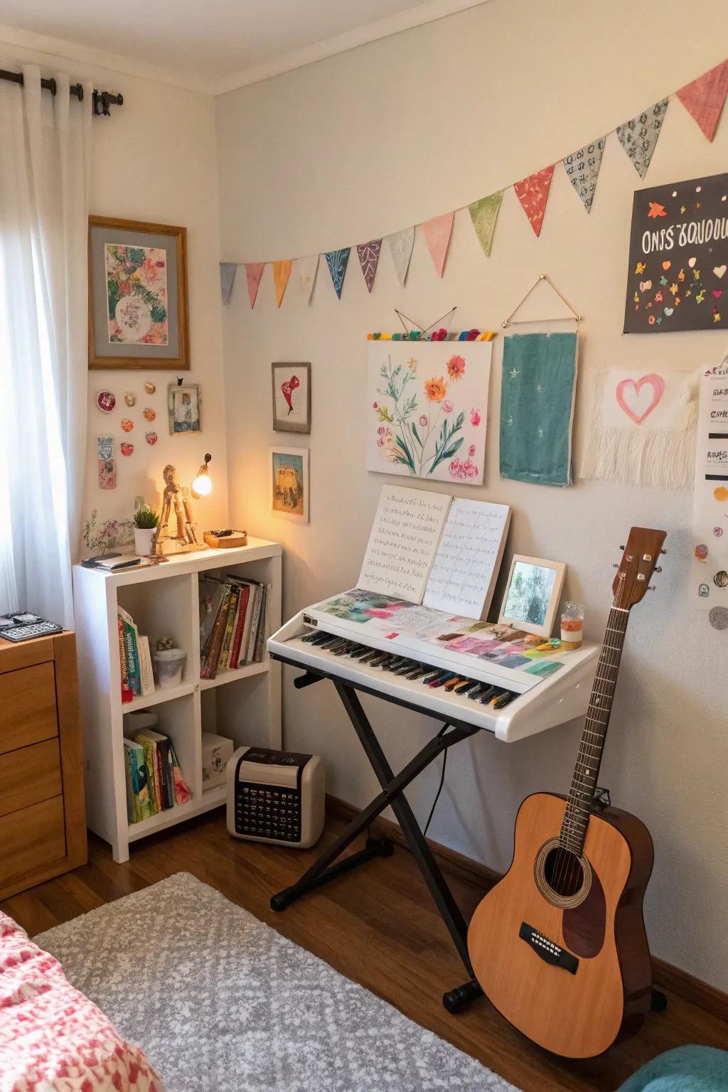 A girl's bedroom featuring an art station and musical corner for creative expression.