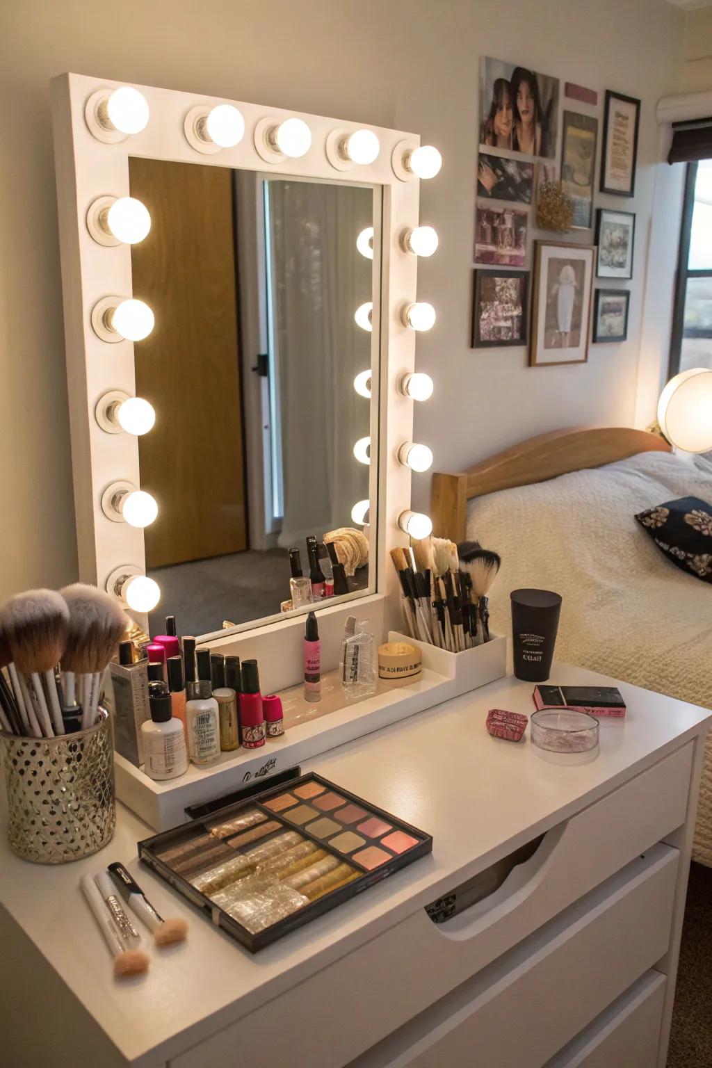 A vanity mirror provides convenience and style for morning routines.