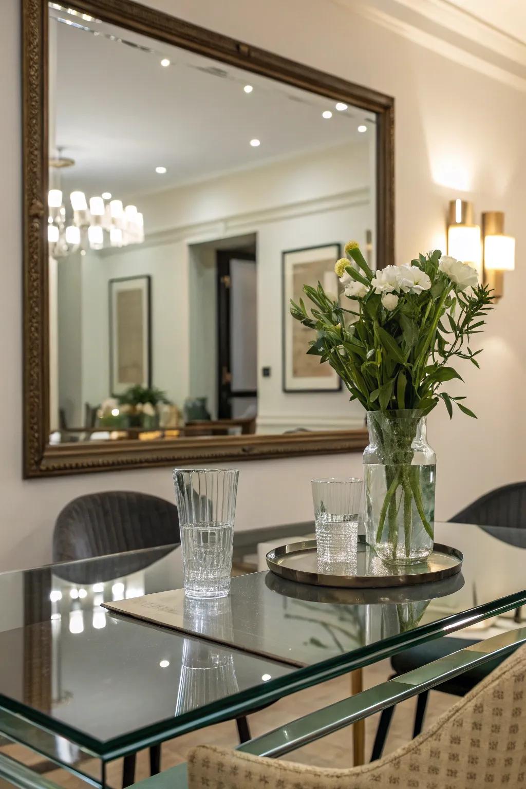 Mirrors enhancing light and space around a glass dining table.