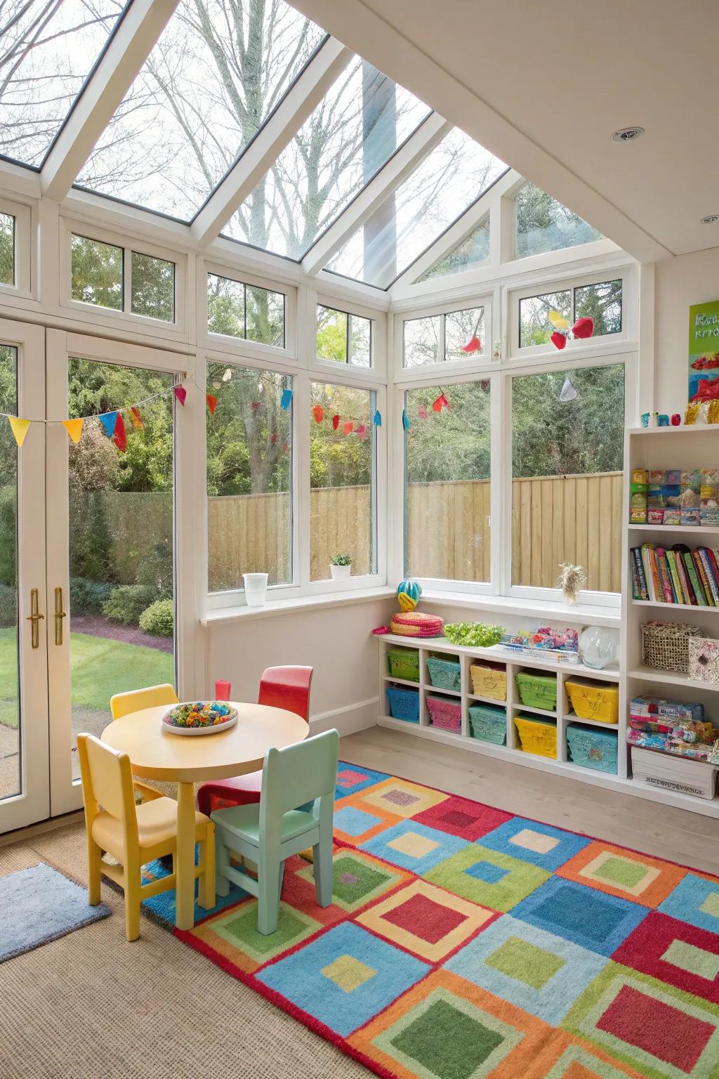 A sunroom play area that’s both fun and functional for children.