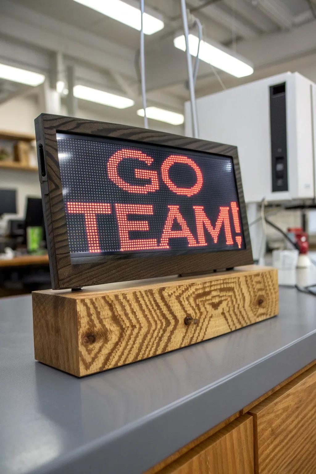 Elevate your team spirit with a modern digital sign that blends cutting-edge tech with timeless craftsmanship.