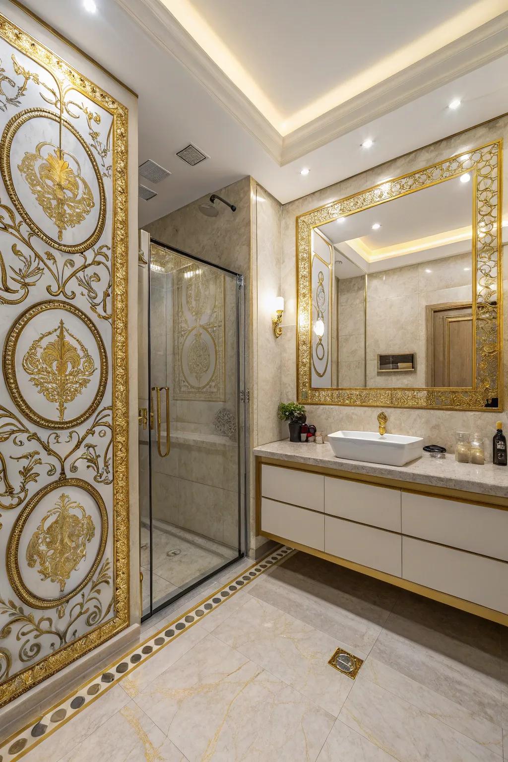 A bathroom with tiles adorned with gold accents.