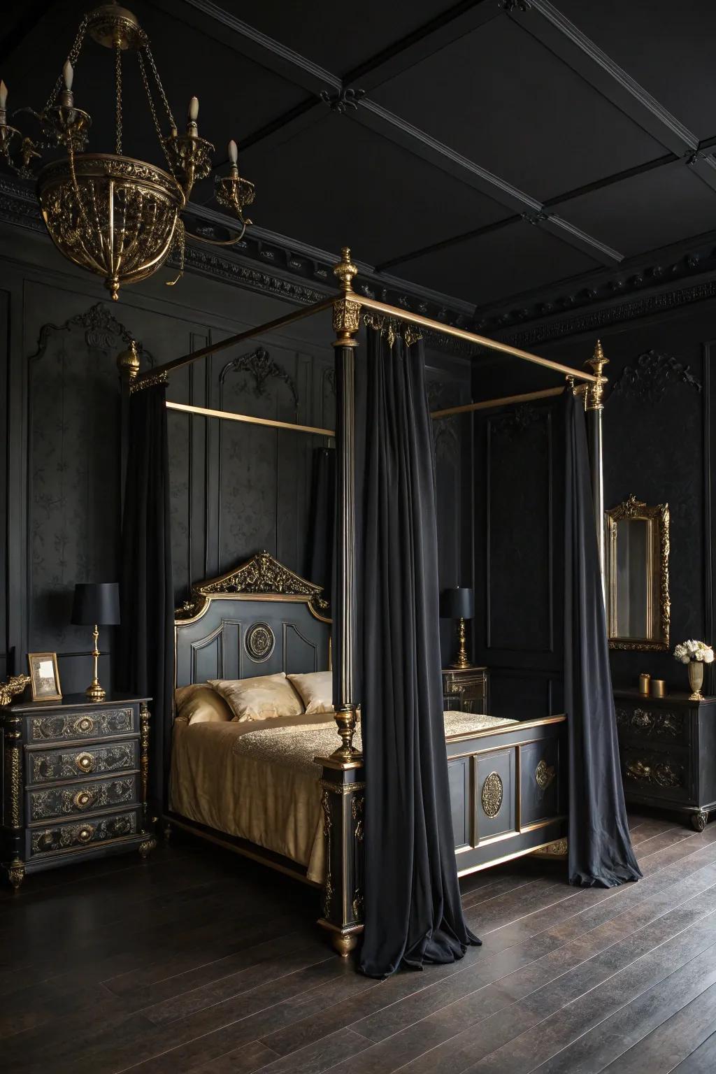 Black and brass elements add luxury and warmth.