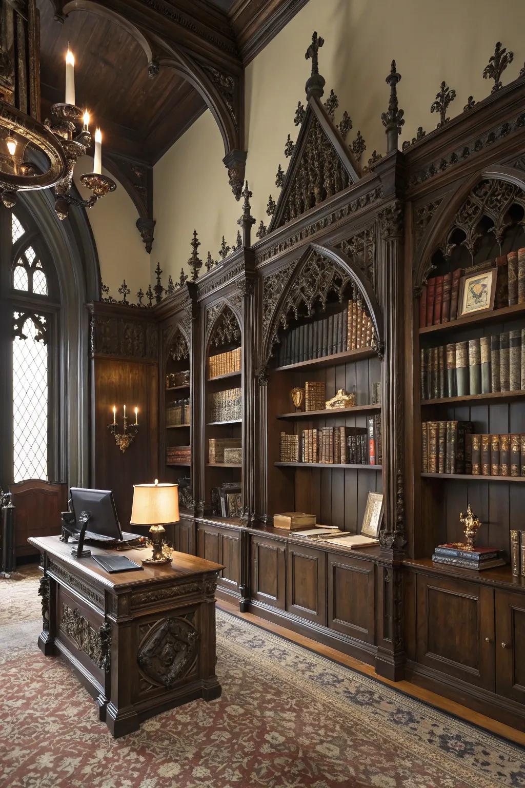 Gothic revival bookshelves serve as a stunning architectural feature.