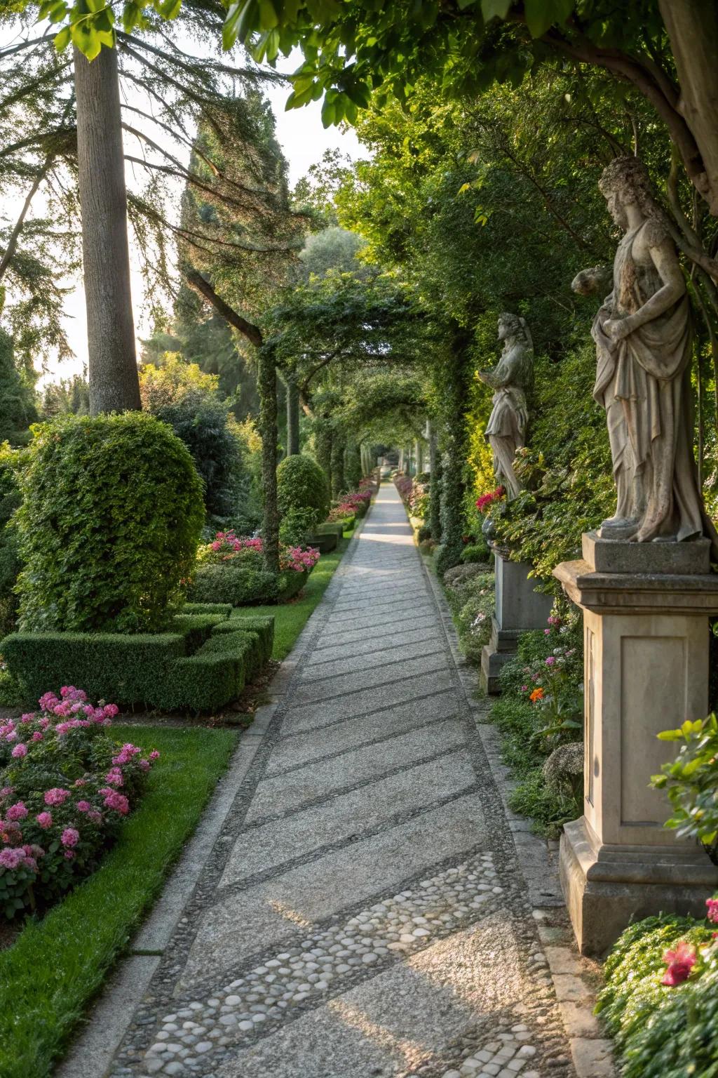 Granite walkway with elegant sculptures.