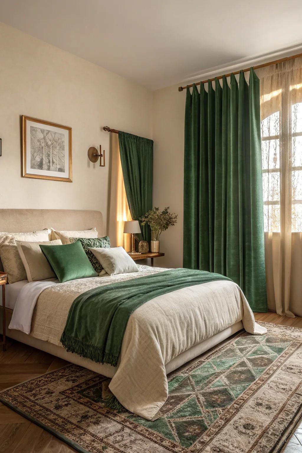 Mixed textures in green and cream add depth and richness to the room.