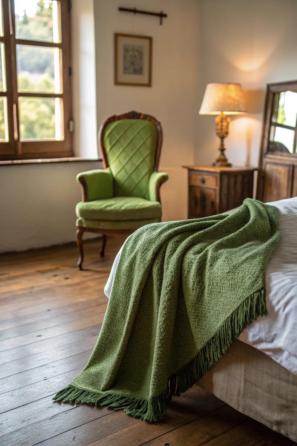 A green throw blanket adds a cozy touch and vibrant color to the room.