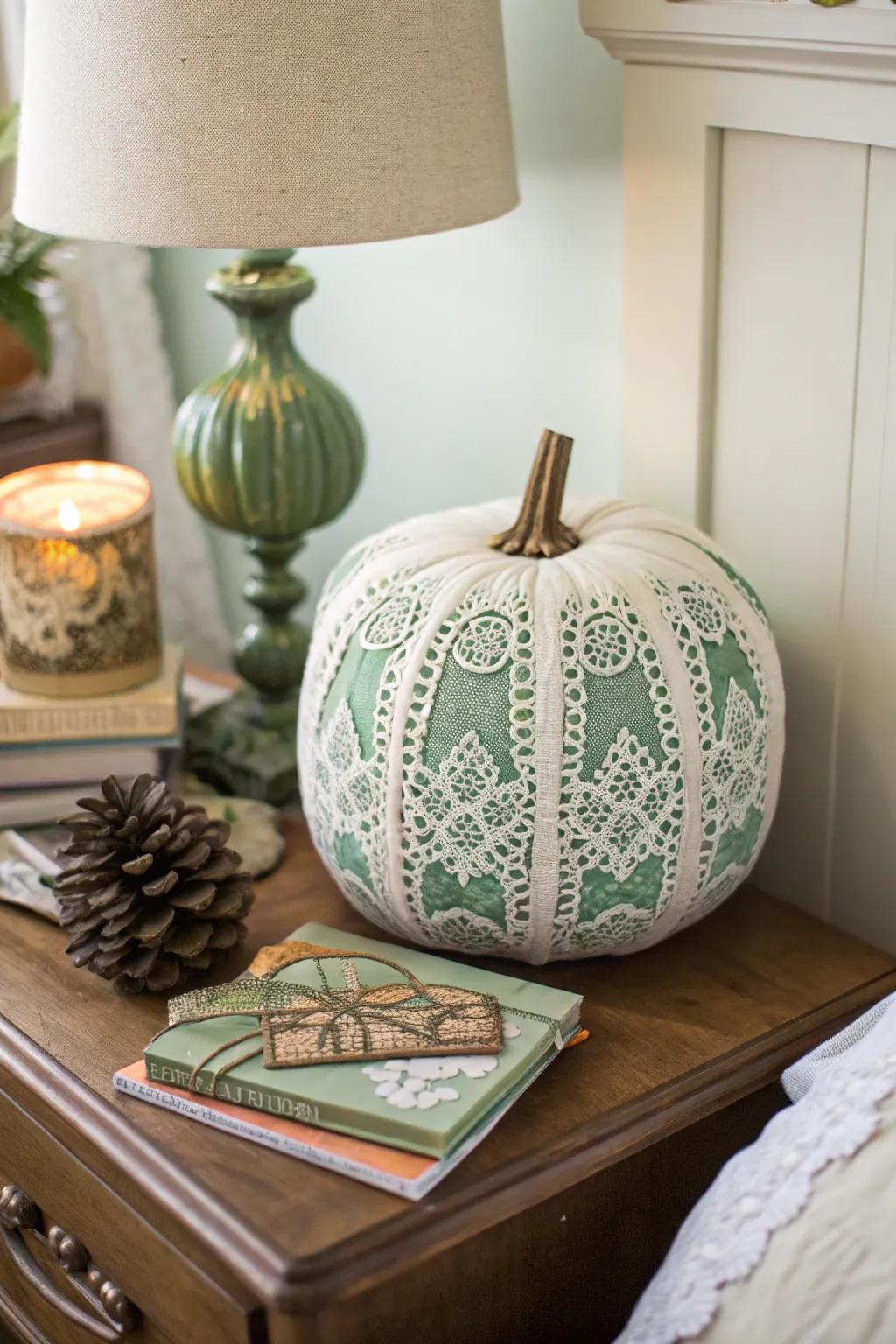 Vintage green lace pumpkin adding romance to the bedroom.