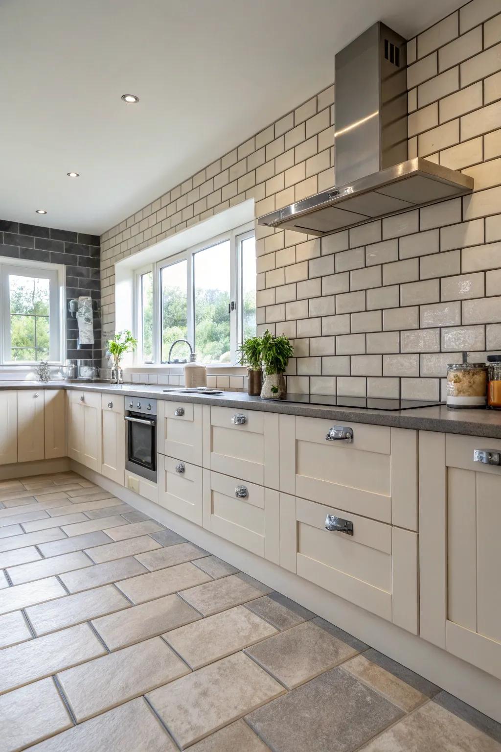 Beige tiles with grey grout add a subtle yet stylish touch.