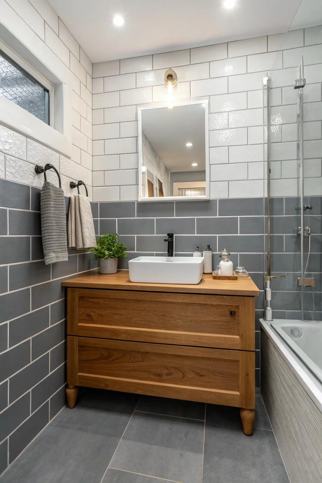 Two-tone gray tiles create a harmonious and dynamic bathroom design.