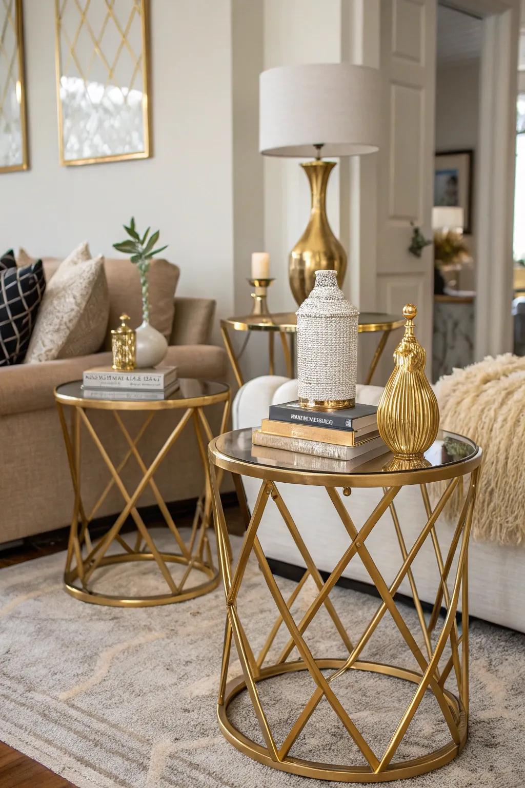 Gold side tables adding functionality and style.