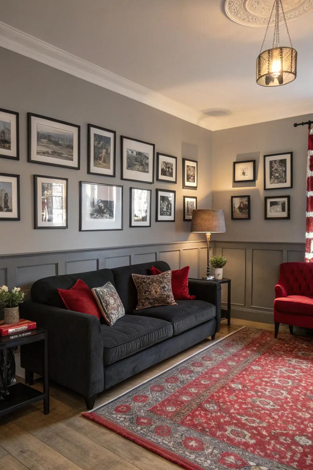 Black frames create a striking contrast on grey walls.