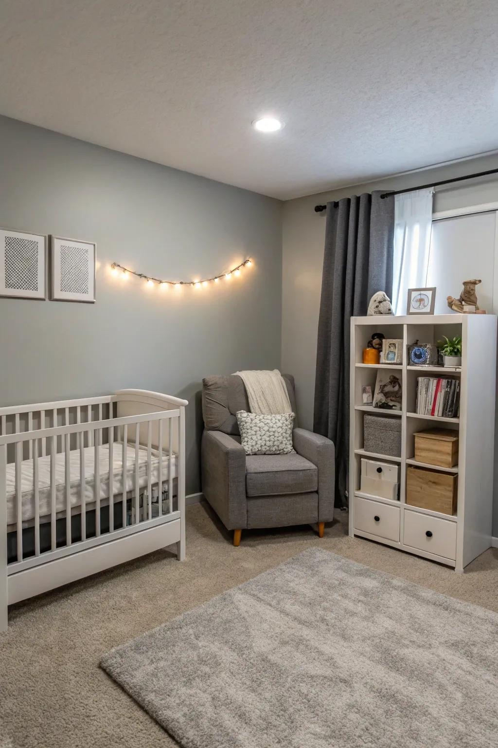 Timeless simplicity in a grey nursery fosters a calming environment.