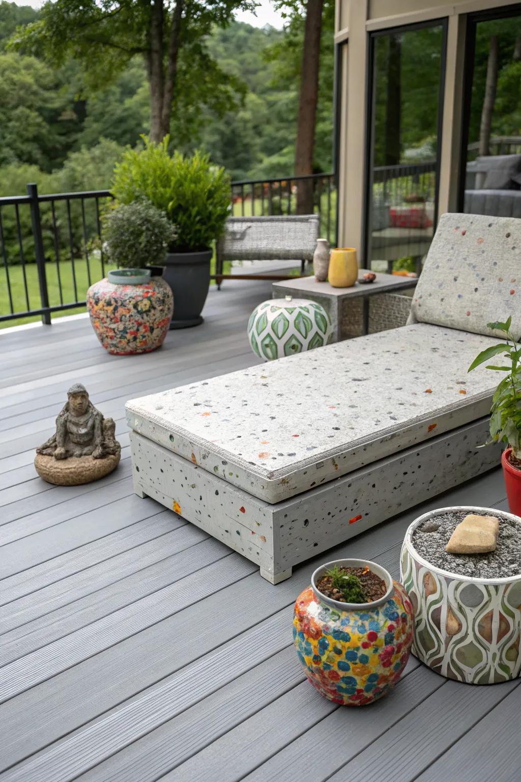 A grey deck featuring playful terrazzo patterns for a unique touch.