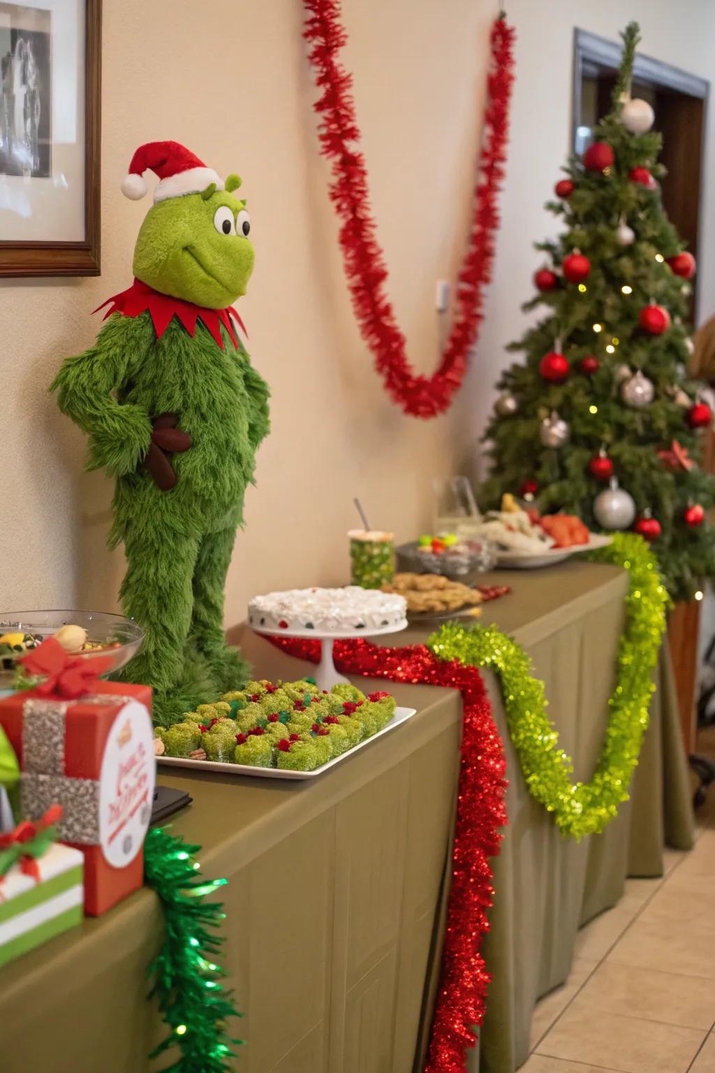 Festive garlands adding texture and charm to the Grinch-themed table.