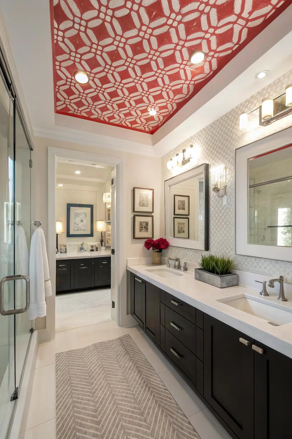 A statement ceiling adds a creative touch to this guest bathroom.