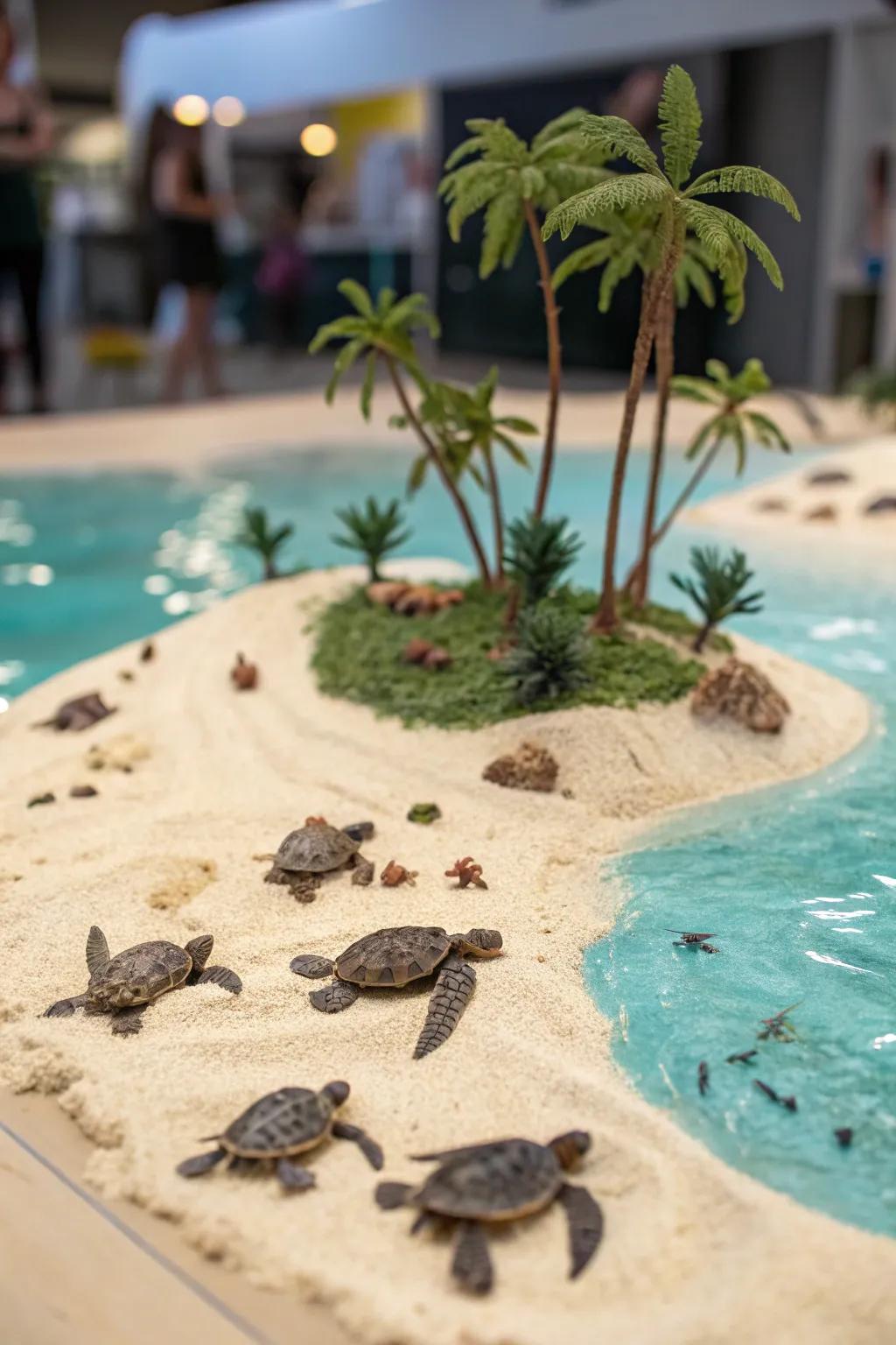 A tropical island habitat diorama with beaches and sea turtles.