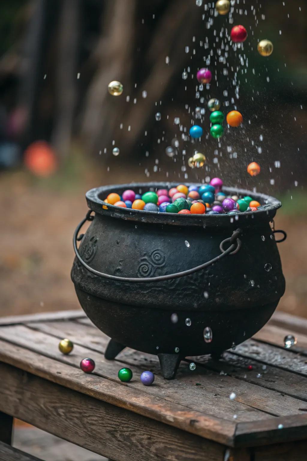 A bubbling cauldron of ornaments for a magical touch.