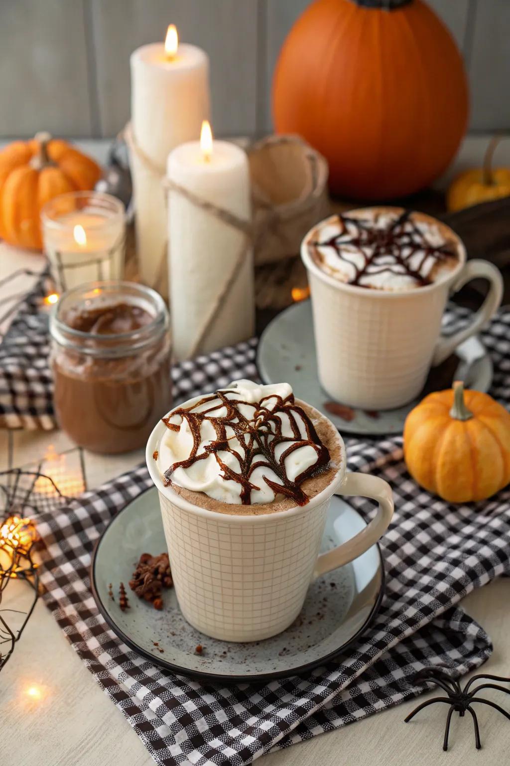 Cobweb cocoa cups offering warmth with a spooky twist.