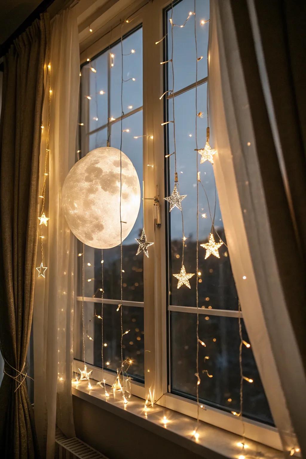 Moonlight and stars create a celestial theme for Halloween windows.