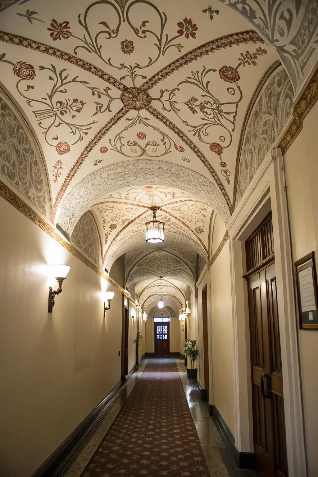 A unique ceiling design adds unexpected interest to the hallway.