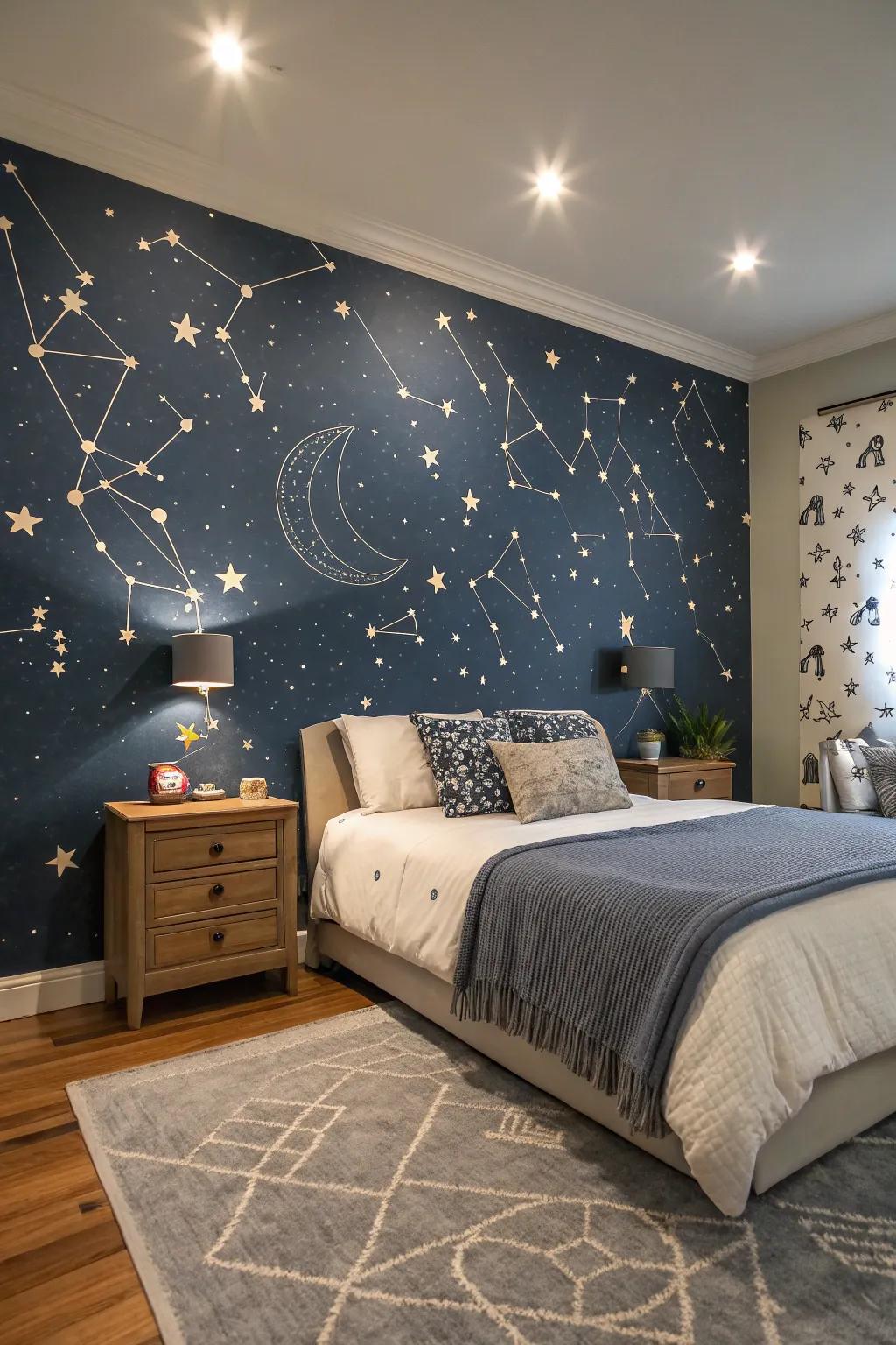 Celestial motifs turn the bedroom into a cosmic masterpiece.