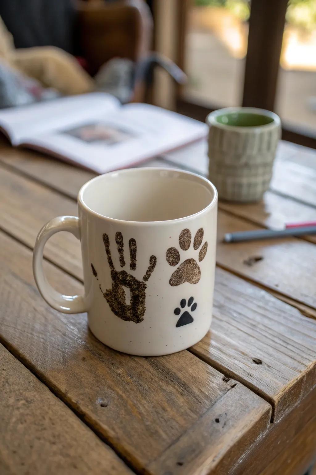 Celebrate your pets with a handprint and paw print mug.