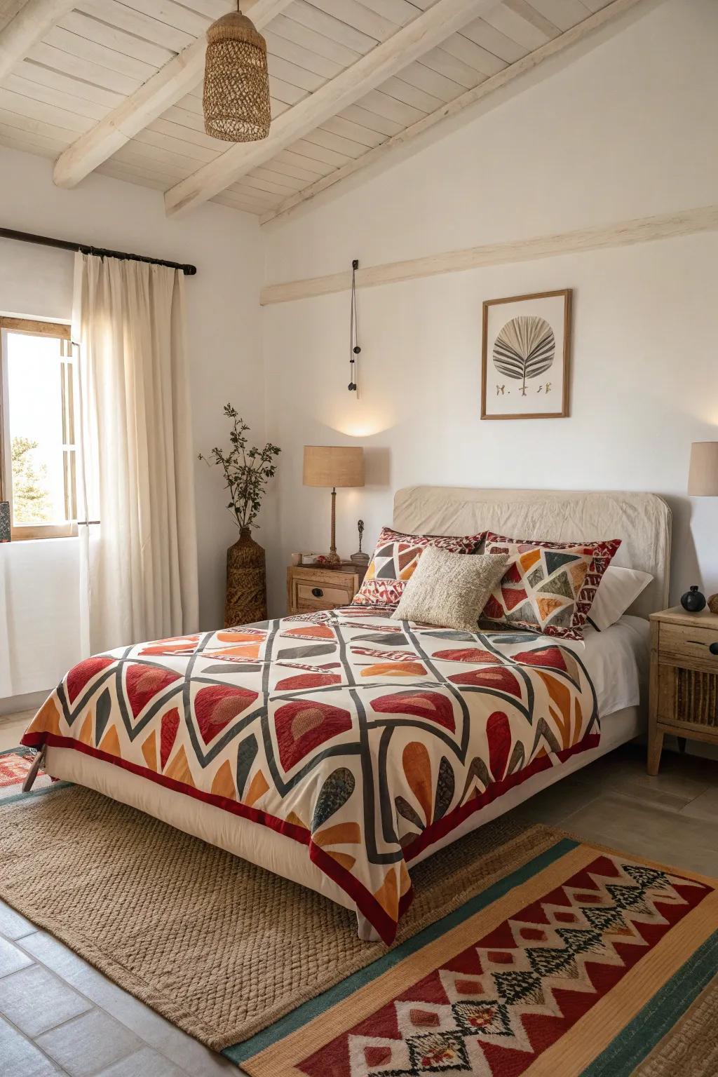 Mixing bold patterns with neutral tones creates a balanced and harmonious bedroom look.