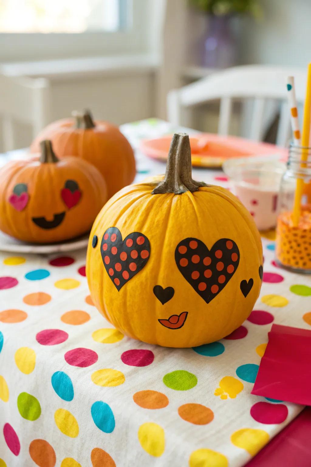 Playful Heart Eyes and Polka Dots Pumpkin on a Colorful Table