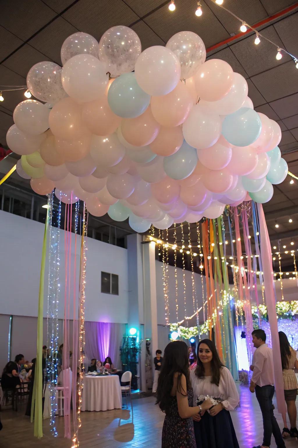 A dreamy helium balloon cloud installation.