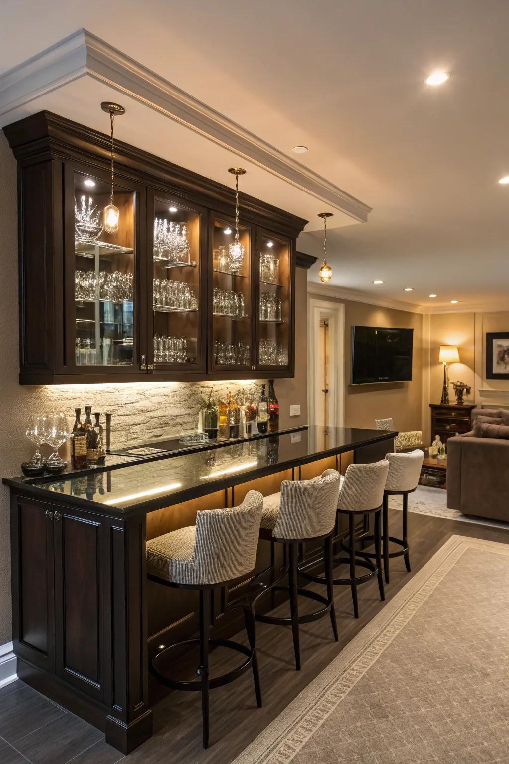 A home bar with under-counter lighting creating a chic and inviting atmosphere.