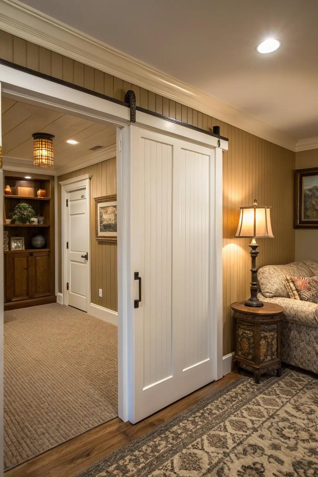 A hidden pocket door with beadboard adds texture and charm.