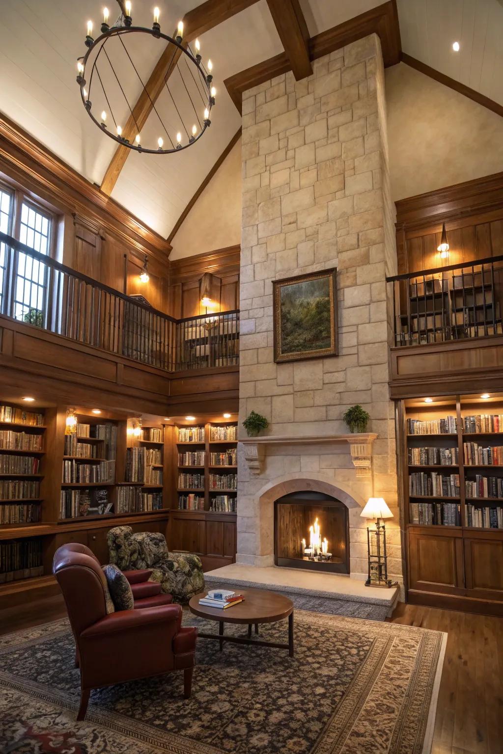 A library-inspired fireplace creating a cozy reading haven.