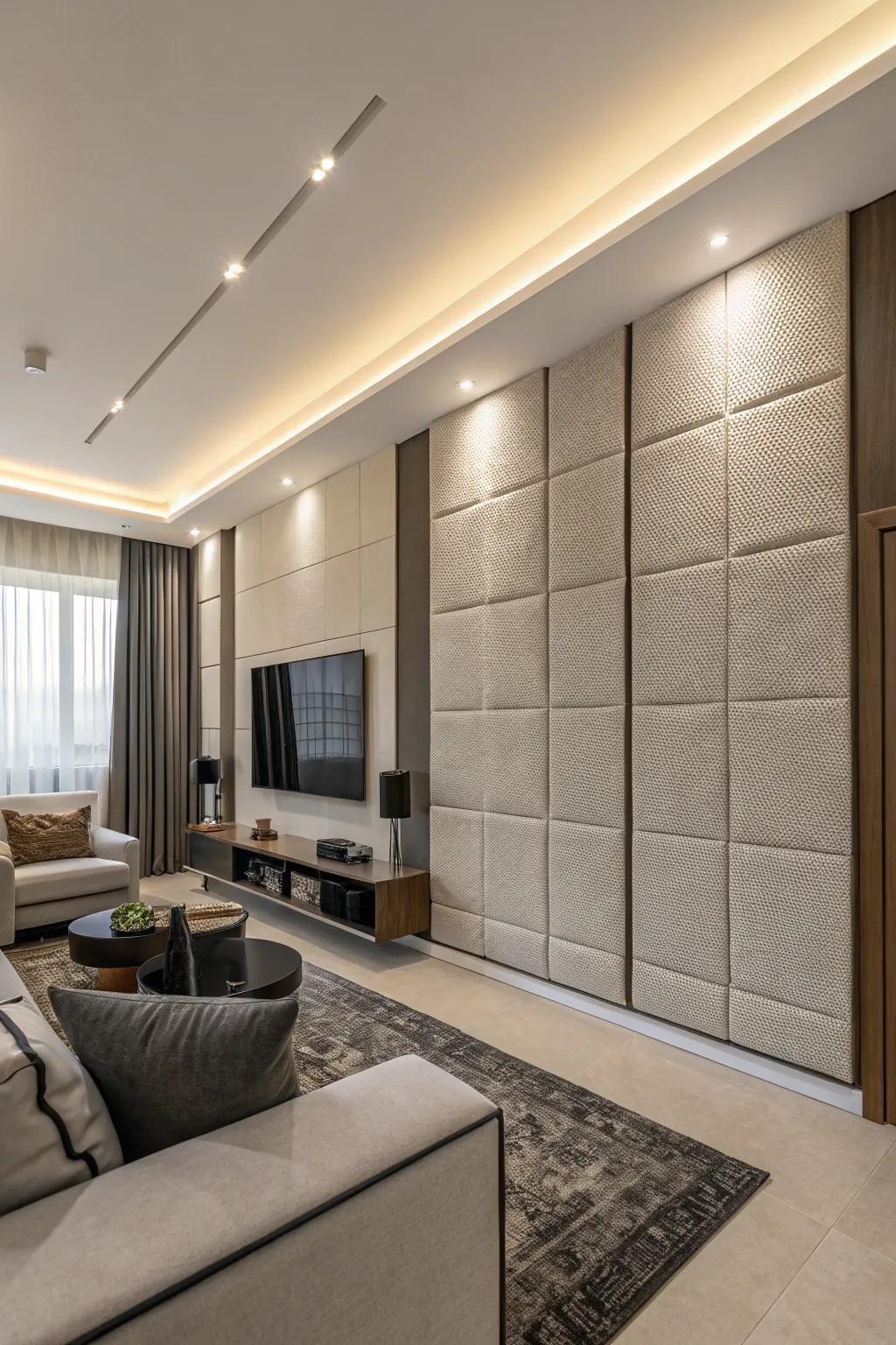 Acoustic panels enhance sound quality and add a modern touch to high walls.