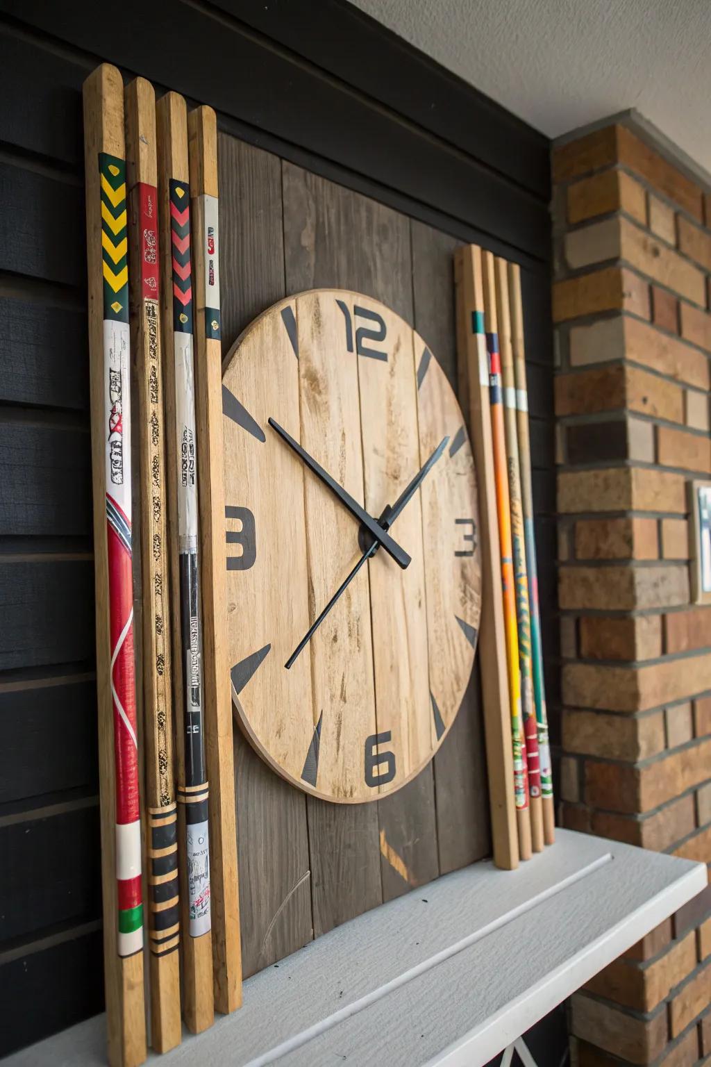 Time meets craftsmanship: A unique hockey stick clock for the sports enthusiast's home.