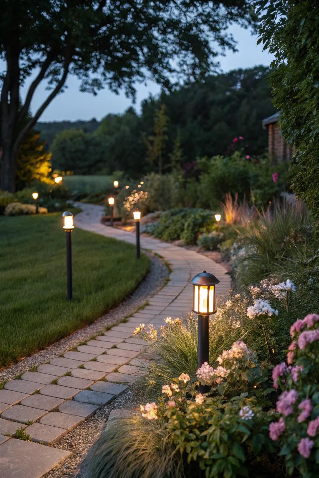 A garden pathway elegantly lit by outdoor lights.