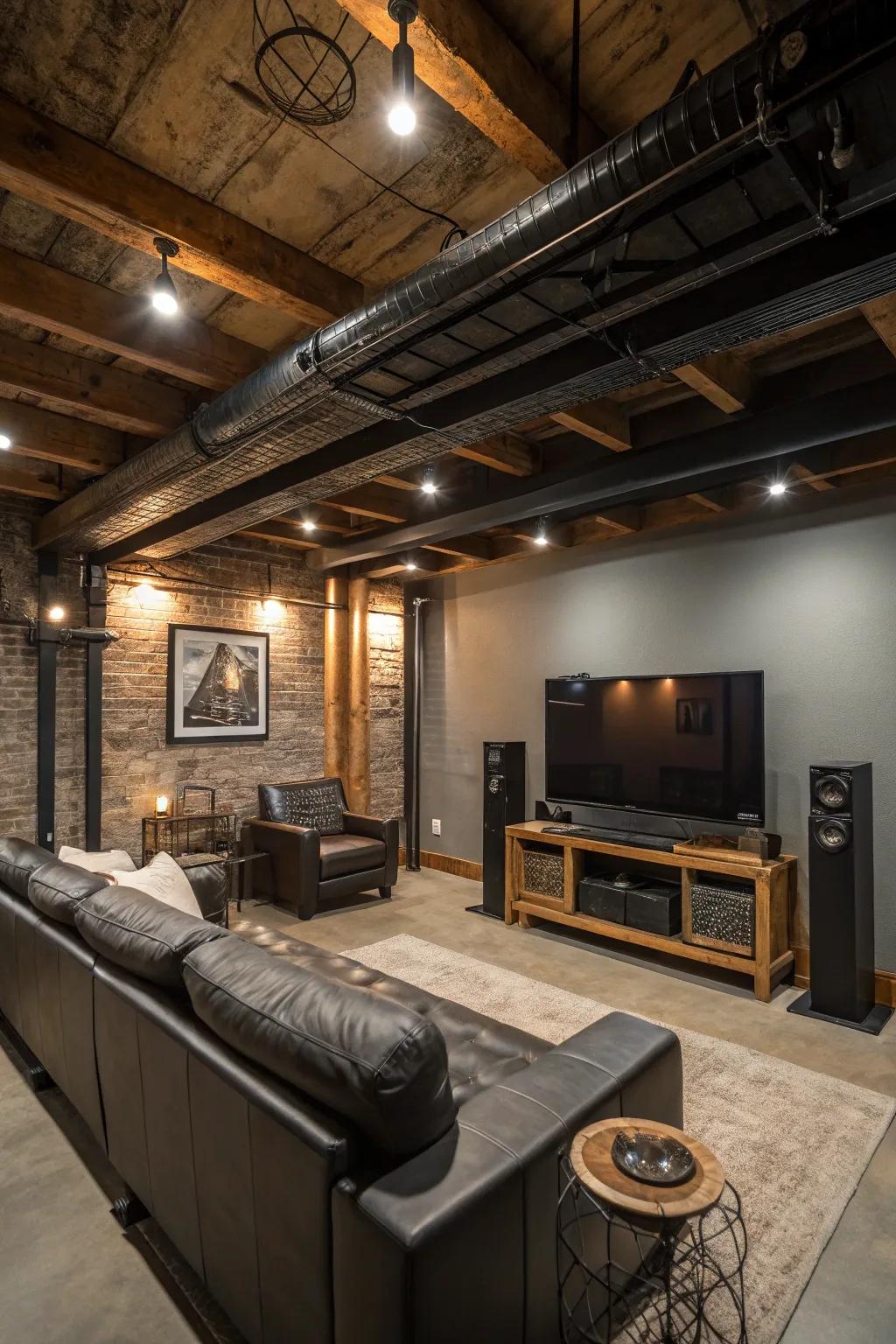 Exposed beams add an industrial touch to your home theater.