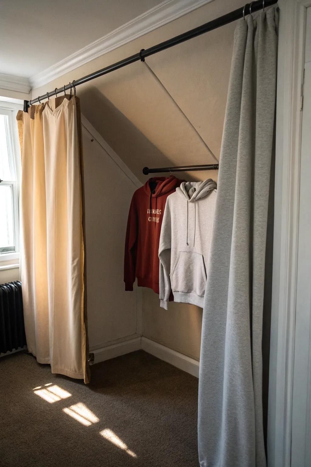 Curtains provide a discreet and elegant way to store hoodies.