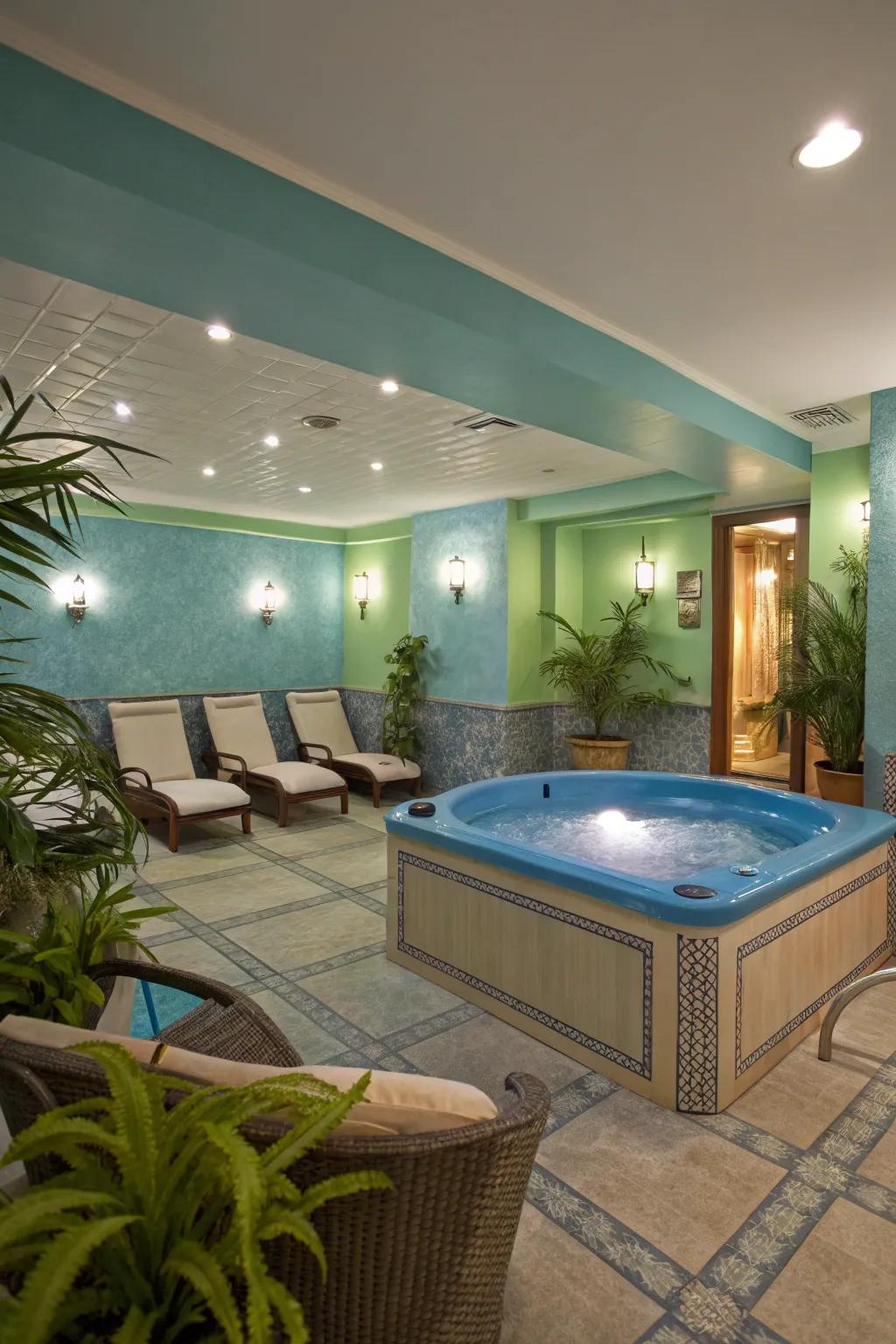 A hot tub room designed with calming colors for peace and relaxation.