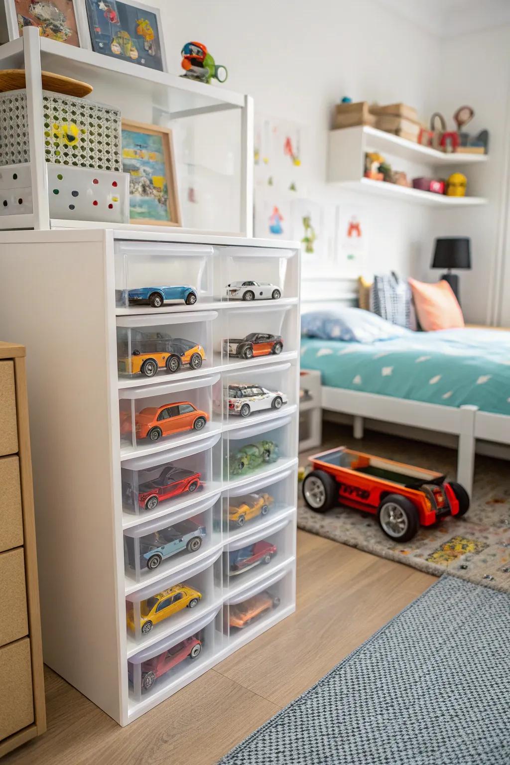 Plastic drawer units provide organized Hot Wheels storage.