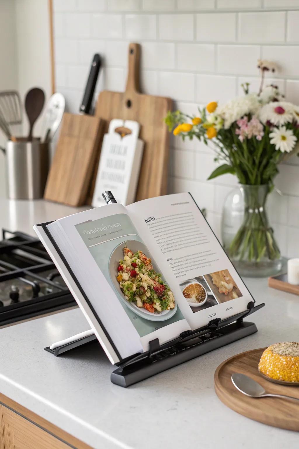 A practical recipe book stand that keeps cooking organized.