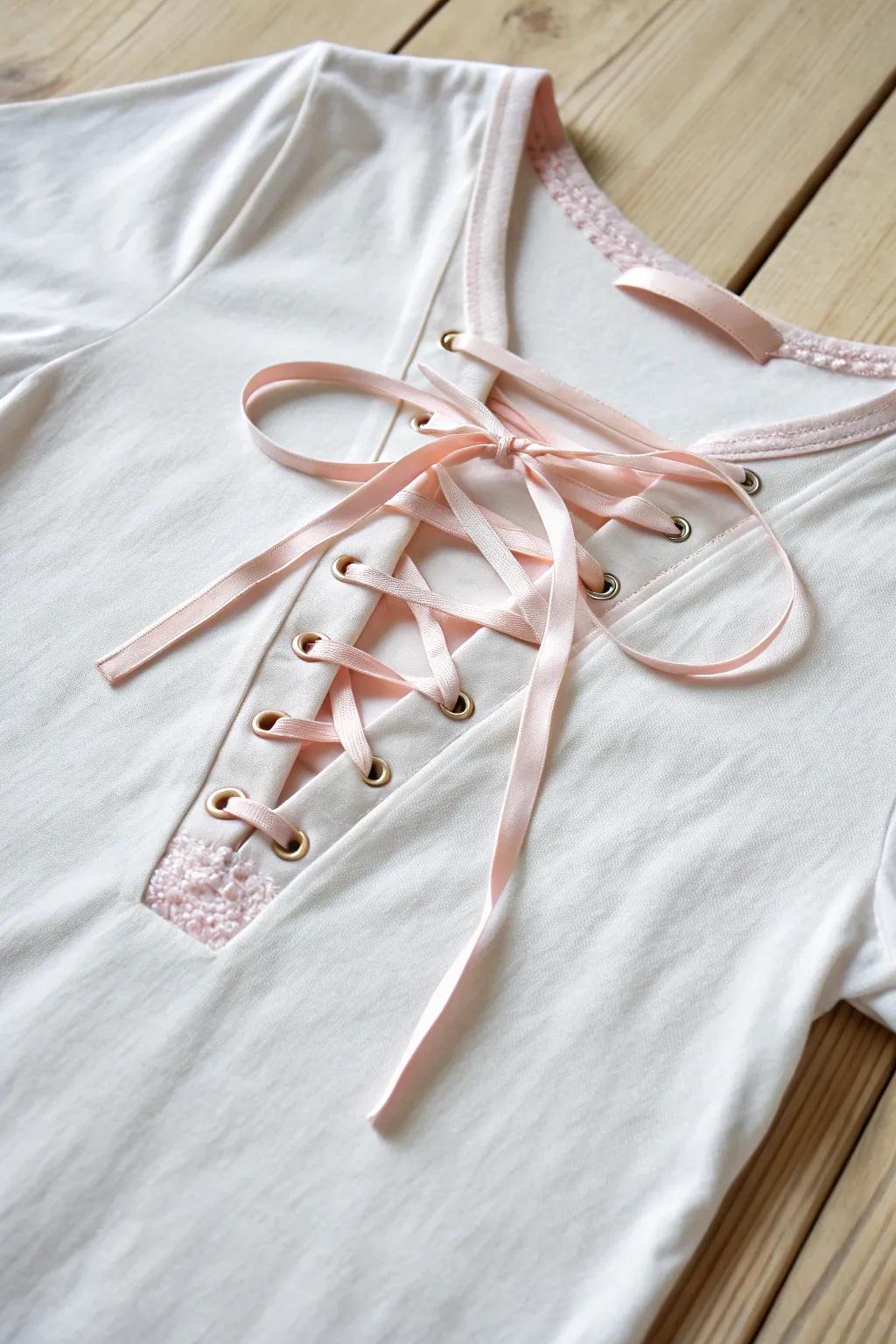 Transform your tee into a romantic statement with a ribbon-laced V-neckline. Perfect for effortlessly chic style.
