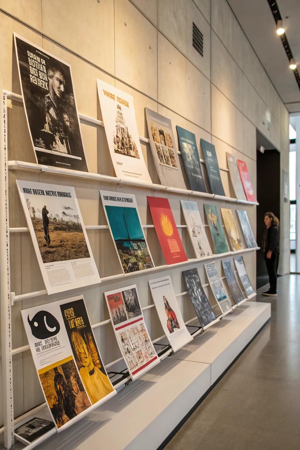 A flexible and layered poster display on floating shelves.