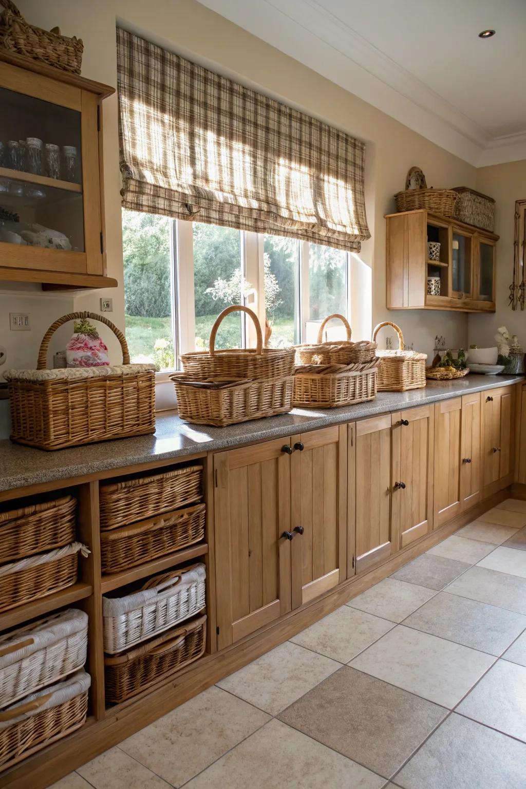 Picnic baskets bring a nostalgic charm above kitchen cabinets.