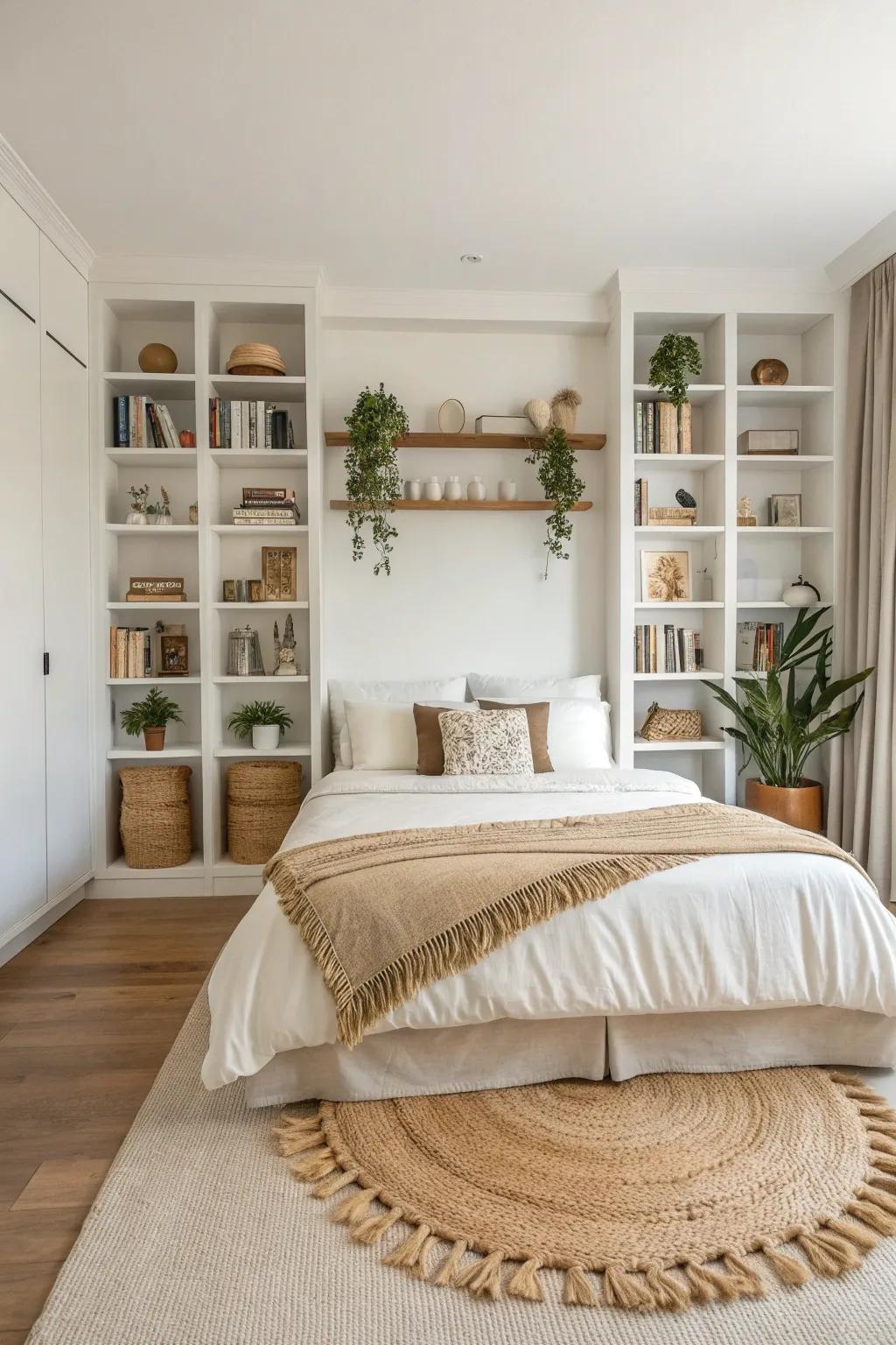 Transform your bedroom with a stylish built-in headboard look using bookshelves. Perfect for those who love easy access to their favorite reads in a minimalist, boho-inspired space.