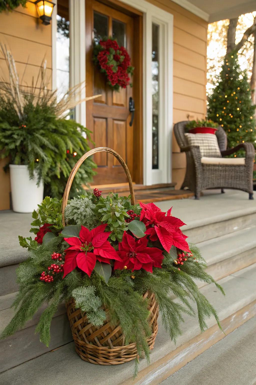 A natural basket poinsettia wreath on a cozy porch.